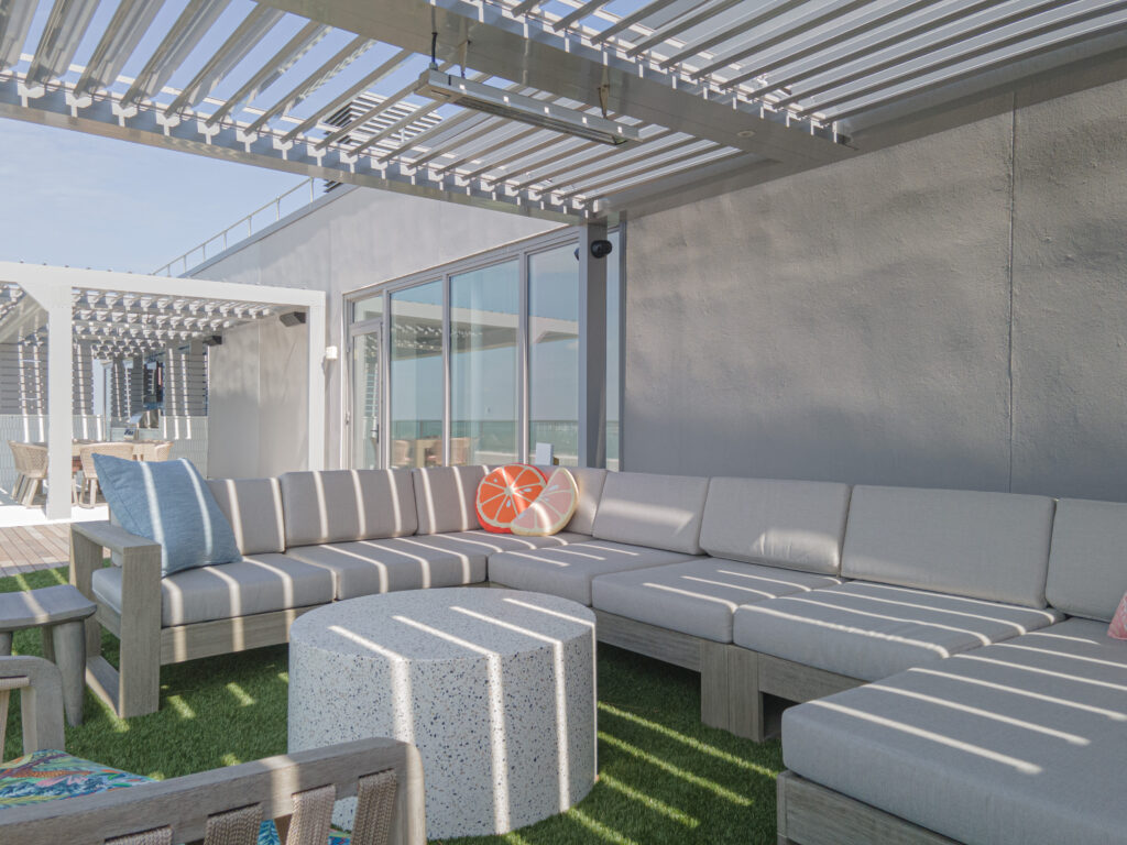 Rooftop louvered roof in open position
